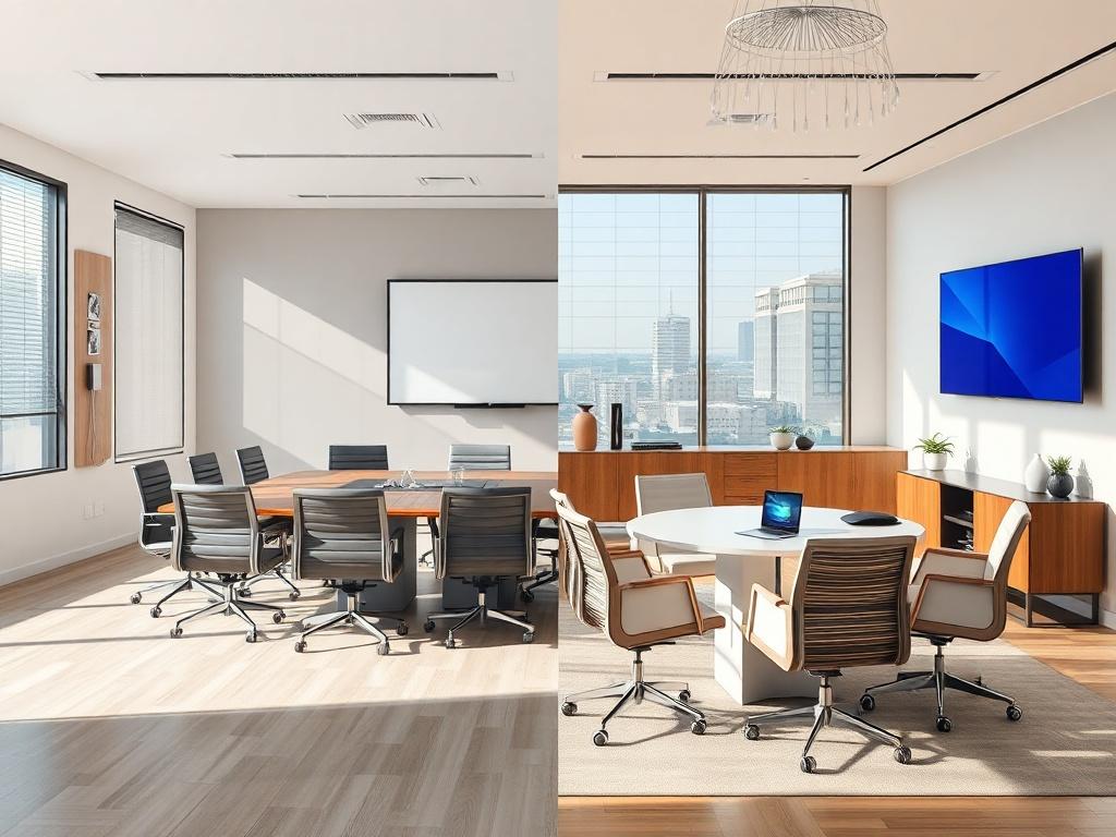 Create a high-resolution photo that visually represents the theme of "Conference Room AV Setup vs Huddle Room Setup". The composition should feature a clear and simple setup showcasing two distinct environments: one side displaying a conference room with a sophisticated AV system, including a large screen, a conference table, and modern chairs, emphasizing a professional atmosphere. The other side should depict a huddle room, featuring a smaller table, comfortable seating, and a compact display screen, illu