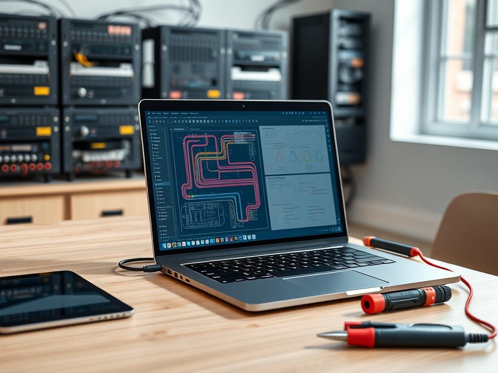 Create a realistic high-resolution photo featuring a modern office workspace tailored for AV integrators. The main subject should be a sleek, high-tech laptop open to a vibrant screen displaying an advanced wiring diagram software interface—showcasing clean lines, color-coded connections, and user-friendly features. The laptop should be positioned on a minimalistic desk made of light wood, with a digital tablet and a set of engineering tools (like a multimeter and wire strippers) casually placed nearby, emp
