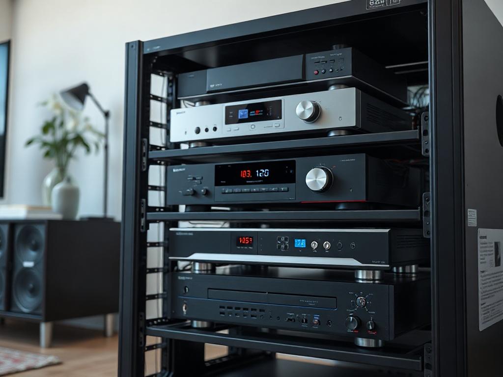Create a realistic high-resolution image of a modern, space-efficient audio-visual (AV) rack suitable for a professional installation in 2026. The composition should feature a single, sleek AV rack designed for optimal functionality, showcasing various integrated components such as audio receivers, amplifiers, and gaming consoles. The rack should be positioned against a clean, minimalist background, perhaps a softly lit room that hints at advanced technology—such as smart lighting or subtle decor—without de