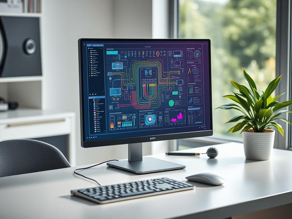 Create a realistic high-resolution photo focusing on a sleek and modern computer workstation showcasing a professional schematic diagram tool specifically designed for Audio Visual (AV) system design. The centerpiece of the image should be a high-definition computer monitor displaying a detailed schematic diagram of an AV system, including elements such as wiring, audio equipment, visual displays, and networking components. The diagram should be vibrant and visually engaging, showcasing the complexity and p