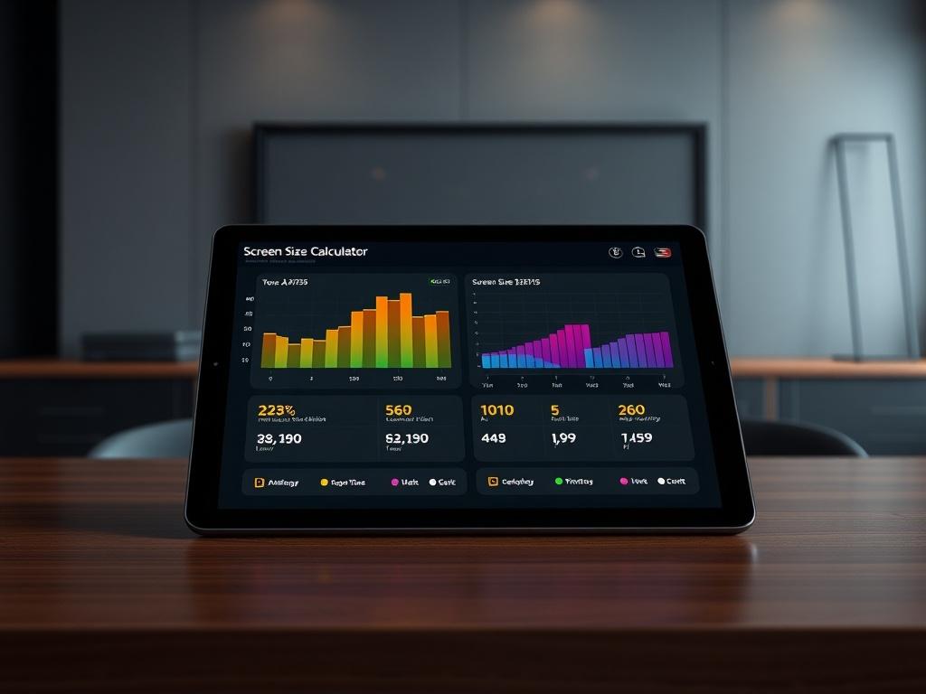 Create a hyper-realistic high-resolution photo of a sleek, modern screen size calculator interface displayed on a high-end touchscreen device, like a tablet or digital smart board. The focus should be on the interface of the XTEN-AV Screen Size Calculator, showcasing its intuitive design with vibrant graphs and metrics that reflect audio-visual project specifications. The background should be a minimalistic yet sophisticated AV setup, featuring a muted palette of grays and blacks to ensure the calculator st