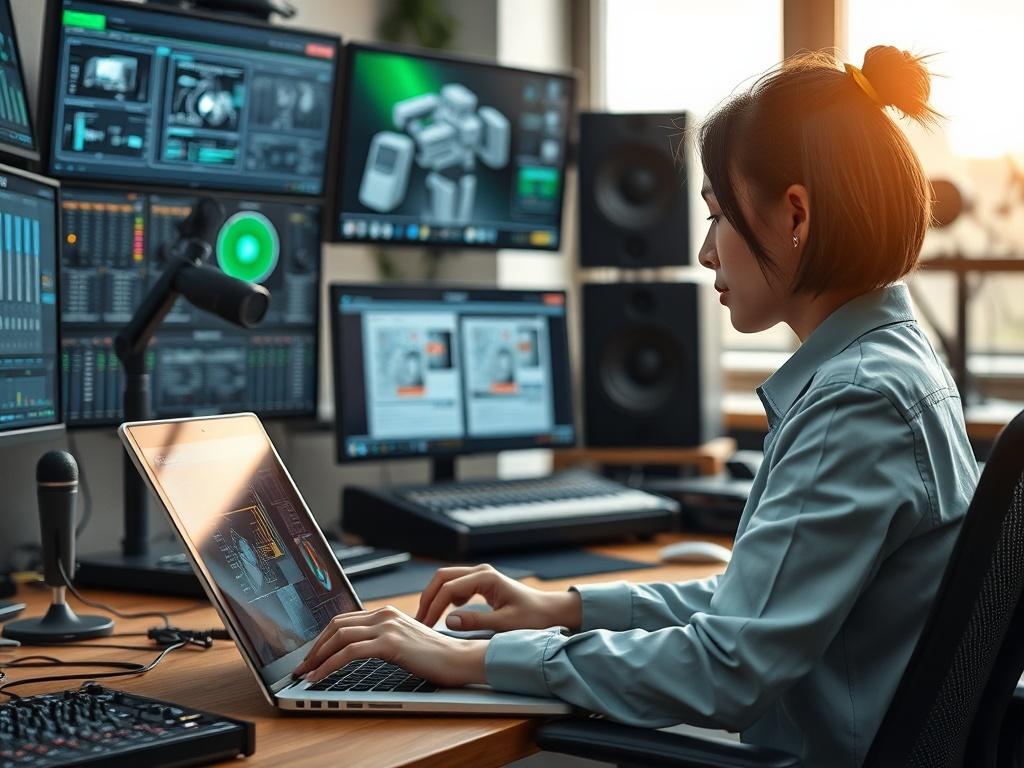 **AI Image Generation Prompt:**

Create a highly realistic high-resolution image featuring a single subject: a skilled audiovisual designer intently working on a digital design interface on their laptop. The subject, a young Asian woman wearing stylish, functional attire, should be seated at an organized workspace filled with modern audiovisual equipment, including screens displaying intricate system diagrams and software interfaces. 

In the background, include elements that reflect the audiovisual industr