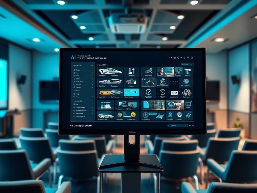 **Prompt for AI Image Generator:**

Create a realistic high-resolution image that visually represents a cutting-edge training room equipped with advanced AV design technology. The main subject should be a sleek, modern computer monitor displaying a user-friendly interface of AI-powered AV design software, showcasing various features and capabilities typical for professional AV integrators. Ensure the screen is oriented towards the viewer, emphasizing the software's intuitive design.

The background should d
