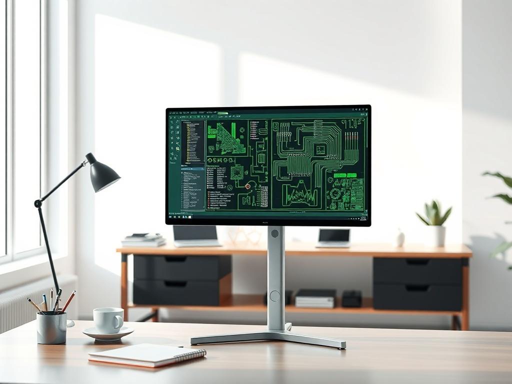 Create a realistic high-resolution photo portraying a sleek and modern schematic CAD software interface displayed on a professional desktop environment. The subject should be a high-quality computer monitor with the software's interface visible, showcasing intricate schematic designs and easy-to-navigate tools, emphasizing the time-saving features available in system design. The background should be a clean and minimalistic office space with soft natural lighting, featuring a stylish desk, a comfortable erg