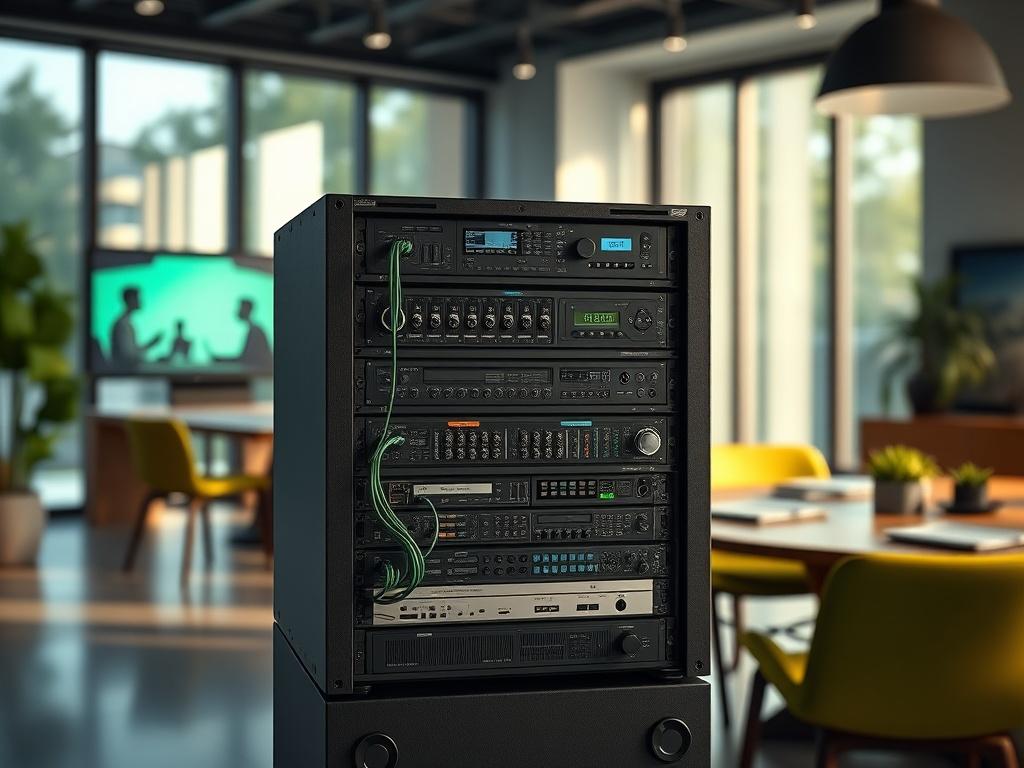 **Prompt for AI Image Generator:**

Create a realistic high-resolution photo depicting a meticulously organized audio-visual (AV) rack designed for a hybrid workspace or collaboration room. The image should feature a single, detailed AV rack as the main subject, showcasing various components such as neatly arranged cables, video conferencing equipment, audio processors, and rack-mounted monitors. The AV rack should be shown from a slightly elevated angle to highlight its intricate design and functionality.
