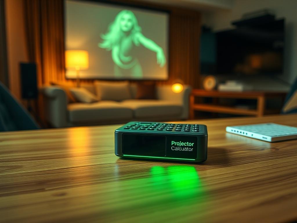 Generate a high-resolution, hyper-realistic image focusing on a single, modern projector calculator device placed on a smooth wooden desk. The projector calculator should be displayed prominently in the center, with its sleek design and clear, intuitive interface clearly visible. The background should be softly blurred to maintain focus on the calculator, showing hints of a cozy, well-lit home theater or office setting, with a projector subtly positioned nearby. Make sure the lighting emphasizes the contour