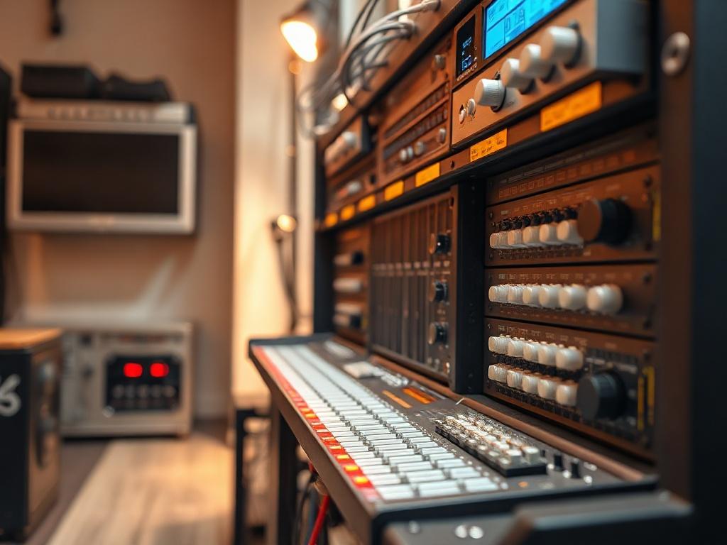 Create a realistic high-resolution photograph that visually embodies the theme of a professional AV installation. The composition should feature a singular, meticulously organized audio visual equipment rack as the focal point. Capture the rack from a close-up perspective to highlight the precision and details of the various components, such as amplifiers, mixers, and cabling. 

Ensure the background is softly blurred to maintain focus on the AV rack while implying a clean, professional installation environ