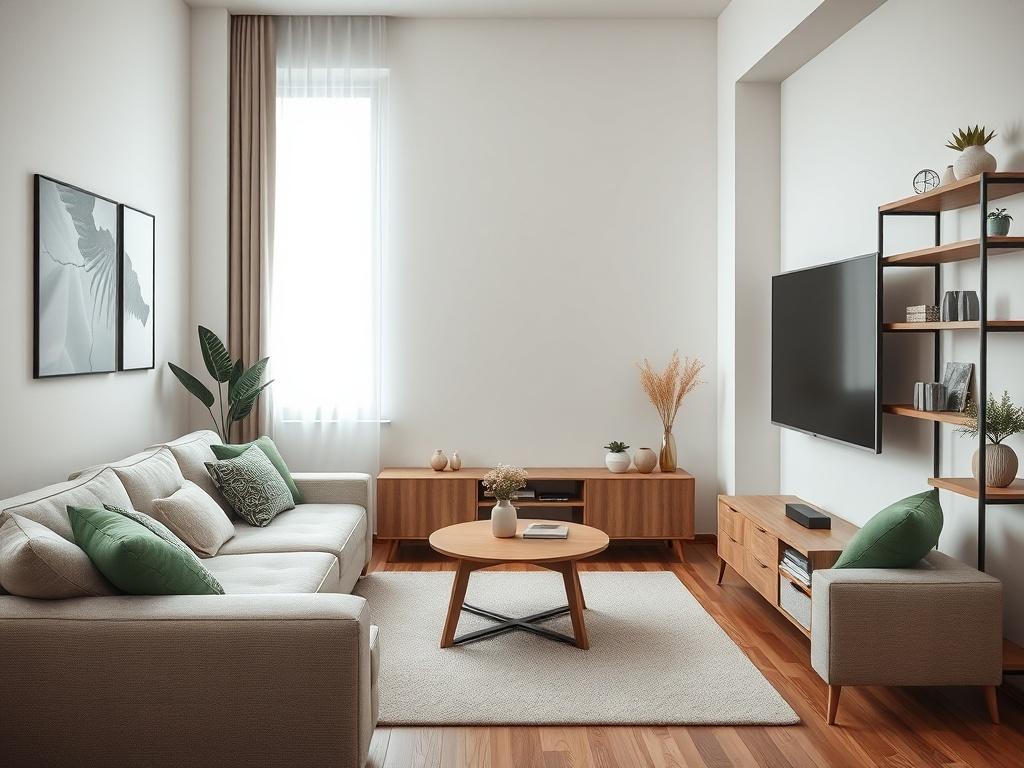 Create a highly realistic high-resolution image of a modern living room designed for small spaces, emphasizing the subject of a sleek flat-screen TV mounted on the opposite wall. The composition should be simple and clear, showcasing the TV as the focal point. Arrange a cozy sectional sofa in soft neutral tones angled toward the screen, with a stylish coffee table in front, enhancing the sense of a functional yet stylish living area.

The background should feature tasteful decor, including a soft rug and mi