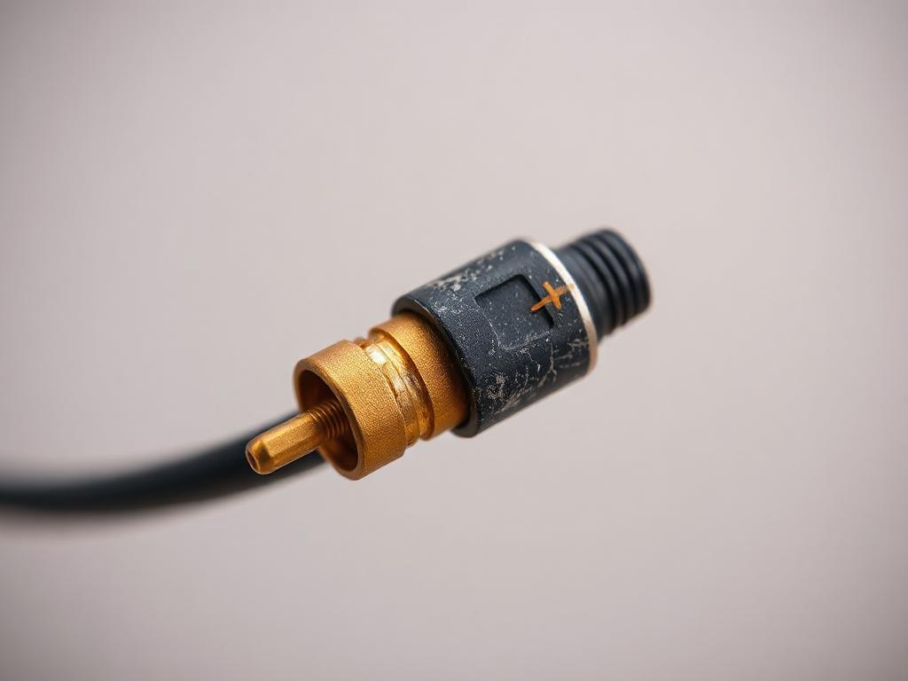 Create a hyper-realistic and high-resolution close-up photograph featuring a single, well-worn AV cable displaying visible signs of wear, such as frayed wires or bent connectors, to visually represent common AV cable problems. The background should be slightly blurred to emphasize the cable while maintaining a clean and professional appearance. Utilize natural lighting to reveal the intricate details and textures of the cable, accentuating its condition. The composition should focus solely on the AV cable, 