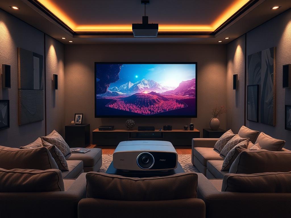Create a realistic high-resolution photo of a well-designed home cinema setup that embodies a cozy, inviting atmosphere. The main subject should be an elegant, modern projector and screen setup, prominently displayed in the center of the image. The screen should showcase a vibrant, high-definition movie scene, capturing the essence of a thrilling cinematic experience.

The background should feature a tastefully decorated home theater environment, including plush seating arranged in a perfect viewing angle, 