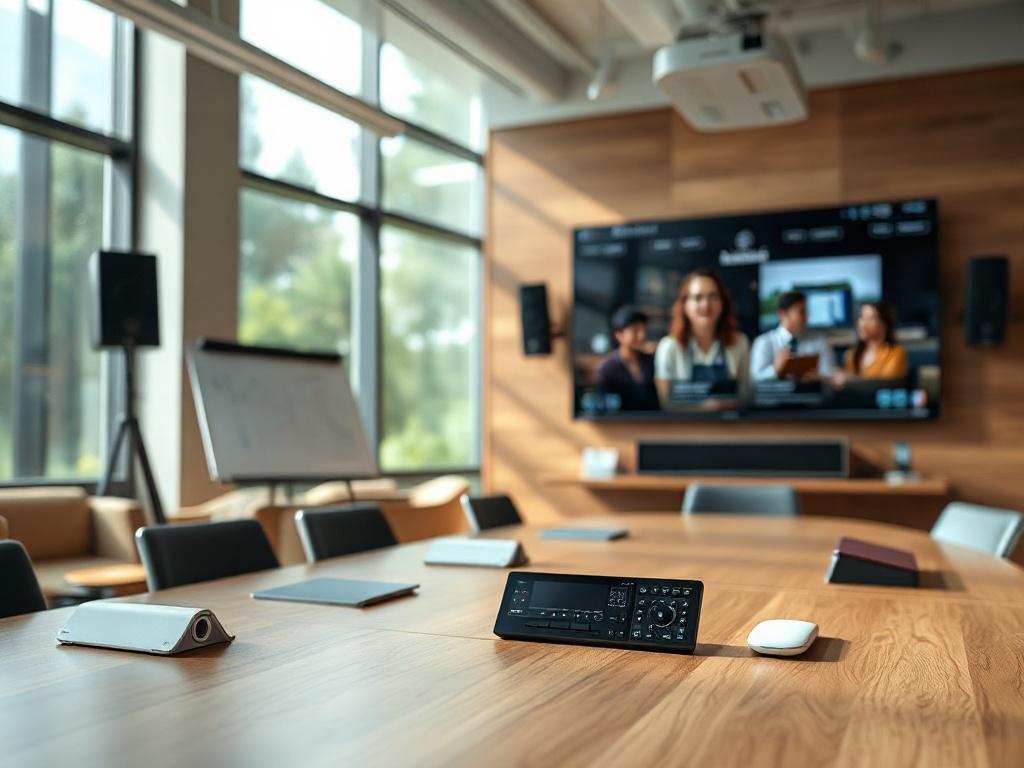 Create a realistic high-resolution photo that embodies the theme "Training Room AV Design Guide: Essential Audio-Visual Components and Best Practices." 

The composition should be simple and clear, focusing on a single subject: a modern training room equipped with advanced audio-visual technology. The training room should feature key AV components such as a large high-definition screen, ceiling-mounted speakers, and a sleek control panel on a conference table. 

Ensure that the background showcases elements