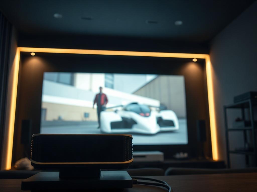 Create a realistic high-resolution photograph focusing on a modern home theater projector displaying a slightly blurred image of a movie scene on a smooth, white screen. The projector should be positioned at the forefront of the image, with a close-up perspective to emphasize its sleek design and technological features. Surround the projector with a dark, minimalist setting that suggests a cozy home theater environment. Soft ambient lighting should illuminate the space, creating a warm atmosphere while high