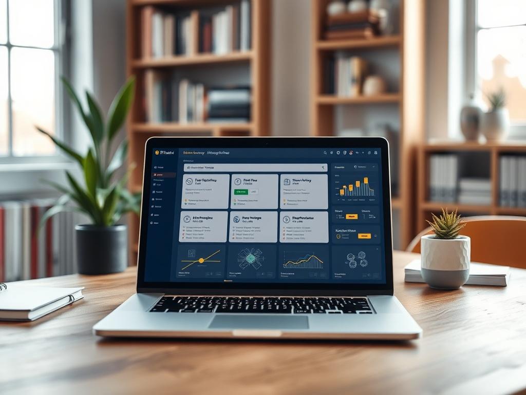 Create a highly detailed and realistic high-resolution photo that encapsulates the theme of "10 BOM Management Software Platforms That Improve Accuracy." The composition should be simple and clear, featuring a single subject: a modern laptop displaying a well-organized and visually appealing BOM management software interface. The laptop should be positioned on a stylish wooden desk, conveying a professional workspace atmosphere. 

In the background, include soft-focus elements such as a bookshelf filled wit