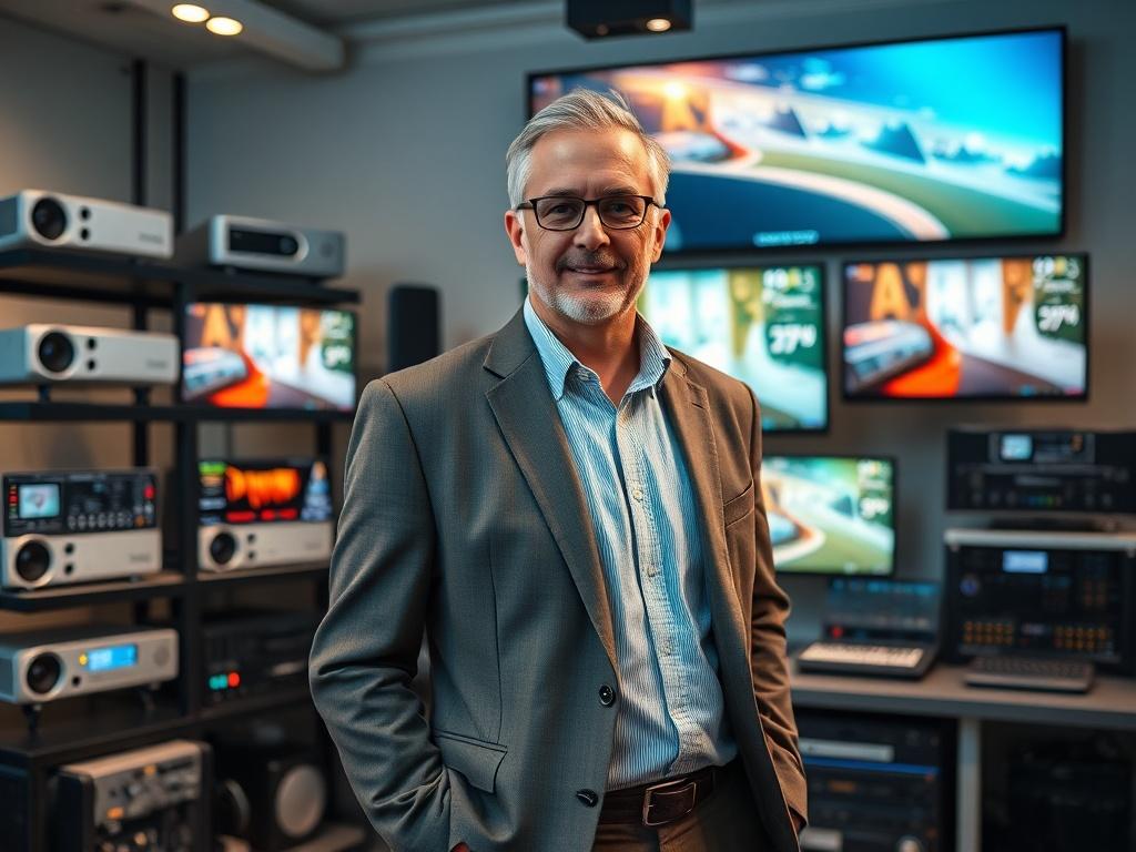Create a realistic high-resolution photo that encapsulates the essence of AV system design expertise. The composition should focus on a single, professional AV integrator standing confidently in a modern, well-lit audiovisual installation room. The subject should be a middle-aged, male professional wearing a smart-casual outfit, demonstrating an air of authority and confidence in his domain. 

The background should feature a sleek, organized AV setup, showcasing various audiovisual components, such as proje
