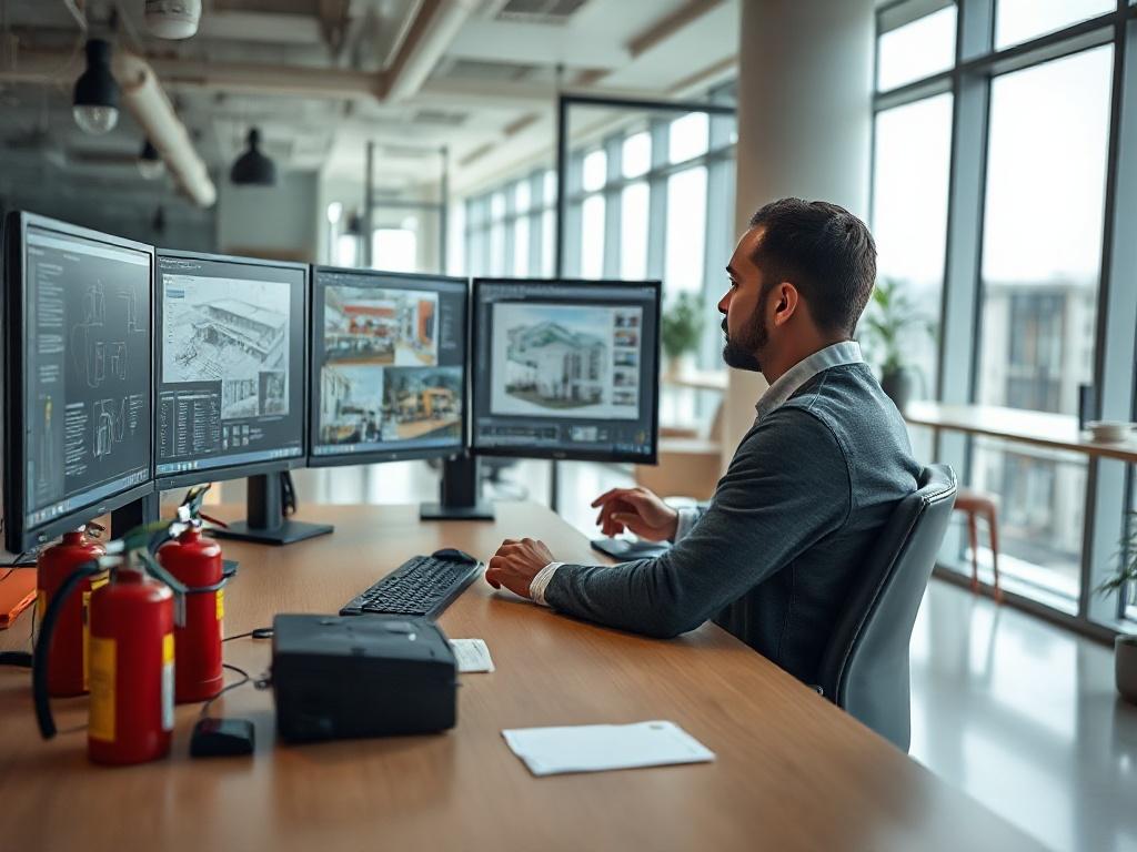 Create a hyper-realistic high-resolution photo that captures the essence of modern fire protection design teams using cloud-based solutions. The image should feature a single, attentive fire protection engineer seated at a sleek, contemporary desk equipped with high-tech tools and multiple monitors displaying intricate fire protection design software. 

The engineer, a diverse individual in their 30s, should be engaged in the design process, intently reviewing digital blueprints that showcase fire safety la