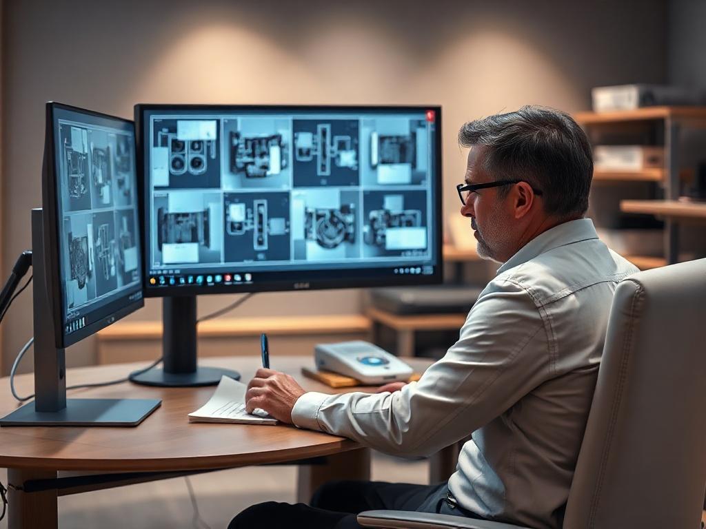 **AI Image Generation Prompt:**

Create a realistic high-resolution photo featuring a single focused subject: a professional AV integrator seated at a sleek, modern workstation, actively reviewing an intricate schematic drawing displayed on a computer screen. The workstation should exude a professional ambiance, with minimalistic design elements that reflect precision and technology. 

The integrator should be deeply engaged, with a look of concentration, showcasing a diverse array of AV components (like pr