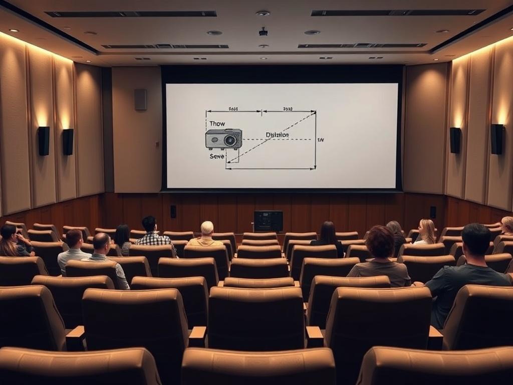 Create a realistic high-resolution image featuring a modern auditorium setting designed for a presentation. The image should focus on a single large projection screen mounted at the front of the auditorium, prominently displaying a clear visual representation of a projector diagram illustrating throw distance calculations. The auditorium should have a well-organized seating layout, with comfortable, padded chairs arranged in rows facing the screen, showcasing ideal sightlines.

The background should consist
