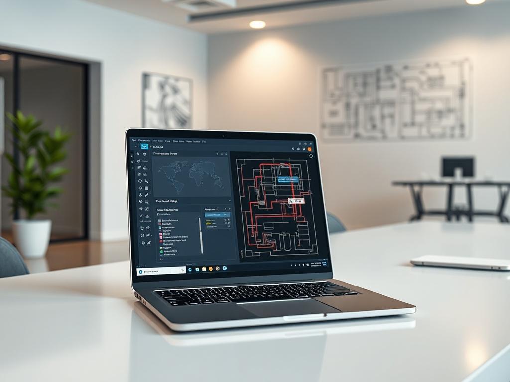 **Prompt for AI Image Generator:**

Create a high-resolution, realistic photograph focusing on a sleek computer workspace that embodies cutting-edge technology for the fire protection industry. The primary subject should be a modern laptop on a clean, uncluttered desk, displaying the interface of the XTEN-AV fire sprinkler design software. 

Ensure the screen prominently features the software's intuitive layout, showcasing elements like organized design tools, a visual representation of a fire sprinkler lay