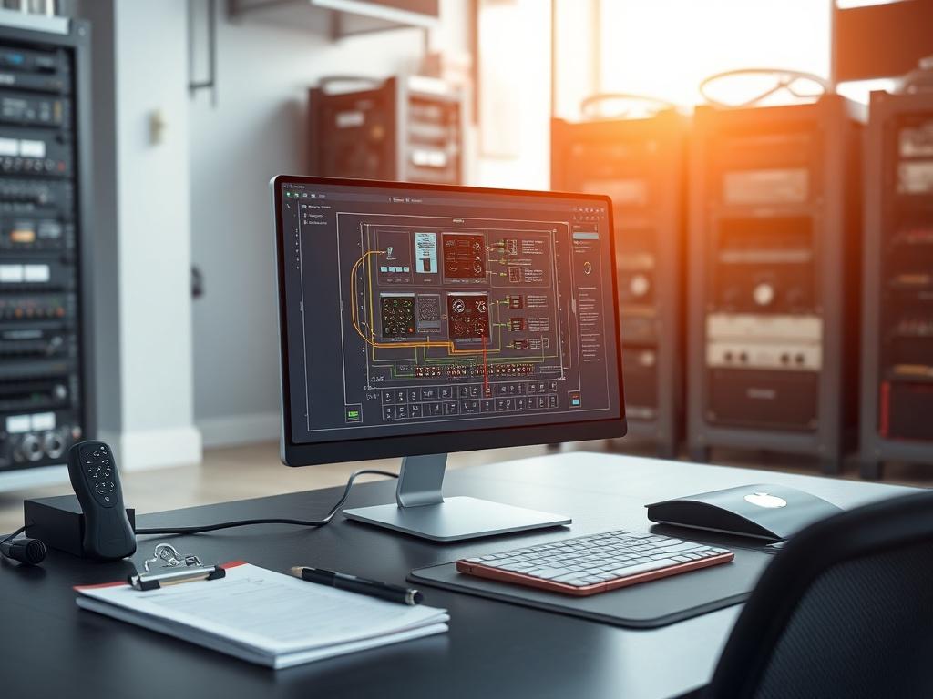 Create a highly detailed, realistic high-resolution image that captures the essence of rack diagram software in the context of AV system integration. The subject should be a sleek, modern computer screen displaying an intricately designed rack diagram, showcasing various AV components interconnected in a professional layout. The diagram should be vibrant and legible, incorporating icons for audio, video, and network equipment, conveying a sense of organization and precision.

Set the scene on a contemporary