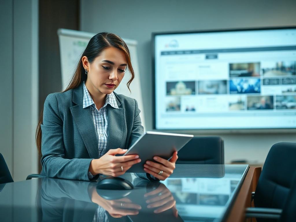 Create a realistic high-resolution image that effectively represents the topic "RFQ vs RFP in AV Projects: Which Procurement Method Is Right for You?". The image should feature a close-up shot of a professional woman in business attire, engaged in a thoughtful discussion with a modern AV solution displayed on a sleek conference table in front of her. 

The woman should be depicted holding a tablet, reviewing a procurement document or project plan. Her expression should convey focus and intelligence, reflect