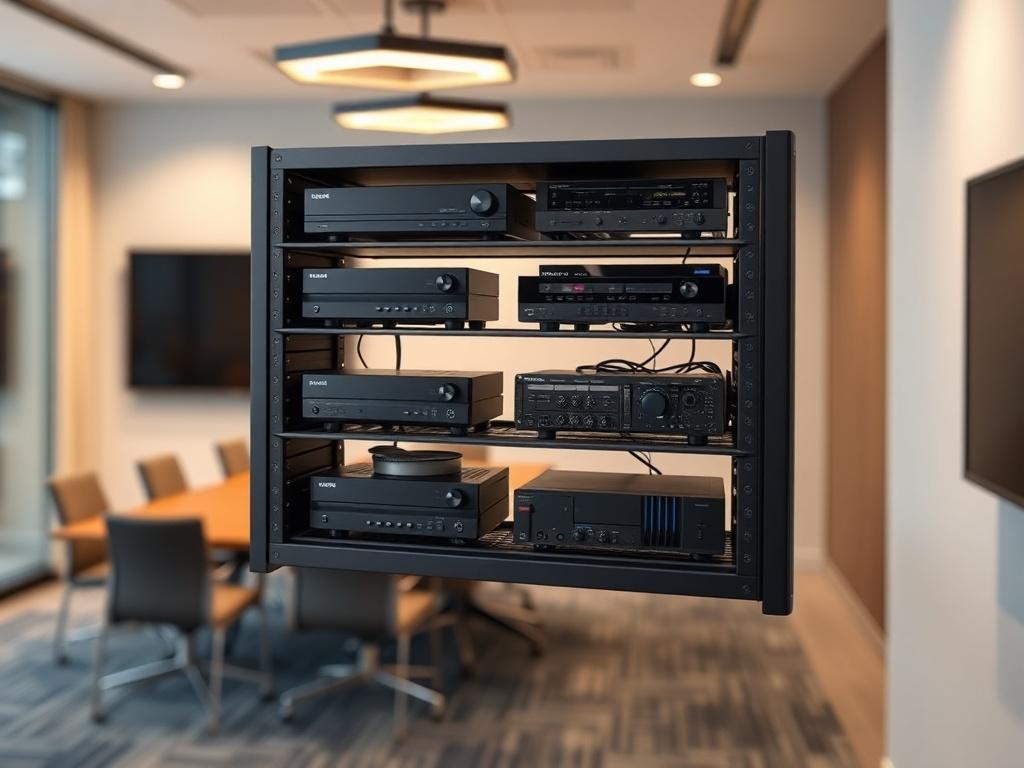 Create a realistic high-resolution photo of a sleek, modern wall mount AV rack installed in a contemporary conference room setting. The AV rack should be the only subject in the image, showcasing an organized array of audio-visual equipment such as receivers, cables, and amplifiers neatly arranged on the shelves. Ensure that the rack features a clean, professional design with black or dark gray finishes to convey a sense of sophistication. 

The background should consist of a well-lit conference room, subtl