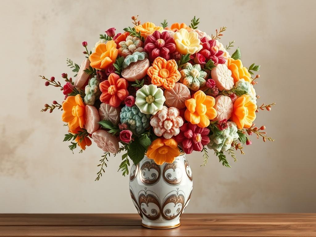 A realistic high-resolution photo of an extravagant large wax melt bouquet displayed in a decorative vase. The bouquet showcases an array of colorful, intricately designed melts, with soft, warm lighting illuminating the scene. The background features a subtle, rustic texture to enhance the overall aesthetic.
