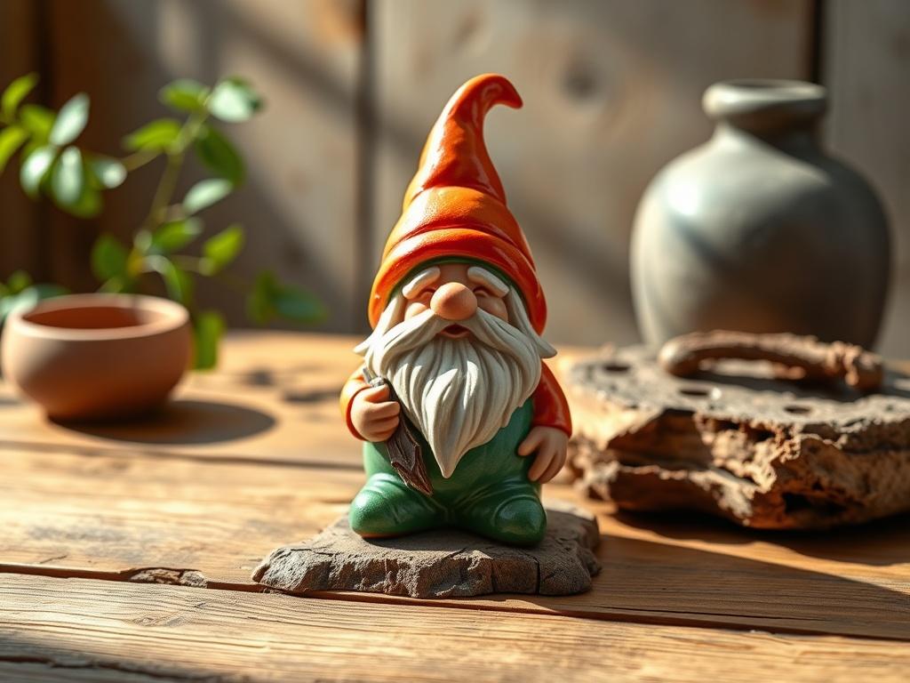 A whimsical wax melt gnome, intricately designed with vibrant colors, sitting on a rustic wooden surface. The background features soft, natural lighting that highlights the gnome's details and casts gentle shadows. The setting includes hints of greenery, creating a warm and inviting home ambiance.