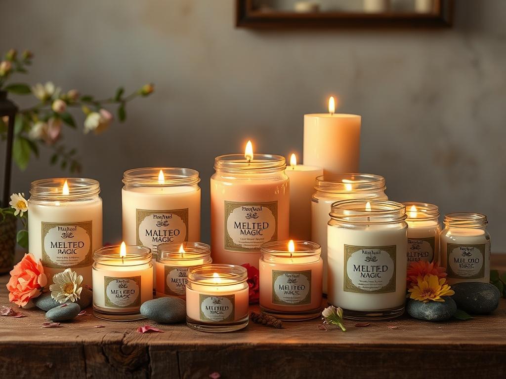 A beautifully lit scene featuring an assortment of Melted Magic candles in various sizes and designs, displayed on a rustic wooden table. The candles should emit a warm, inviting glow, with flickering flames reflecting off their surfaces. Surround the candles with fresh flowers and natural elements like stones and leaves, creating an organic feel. The background should include soft, diffused lighting to evoke a sense of peace and tranquility, perfect for enhancing any home ambiance.