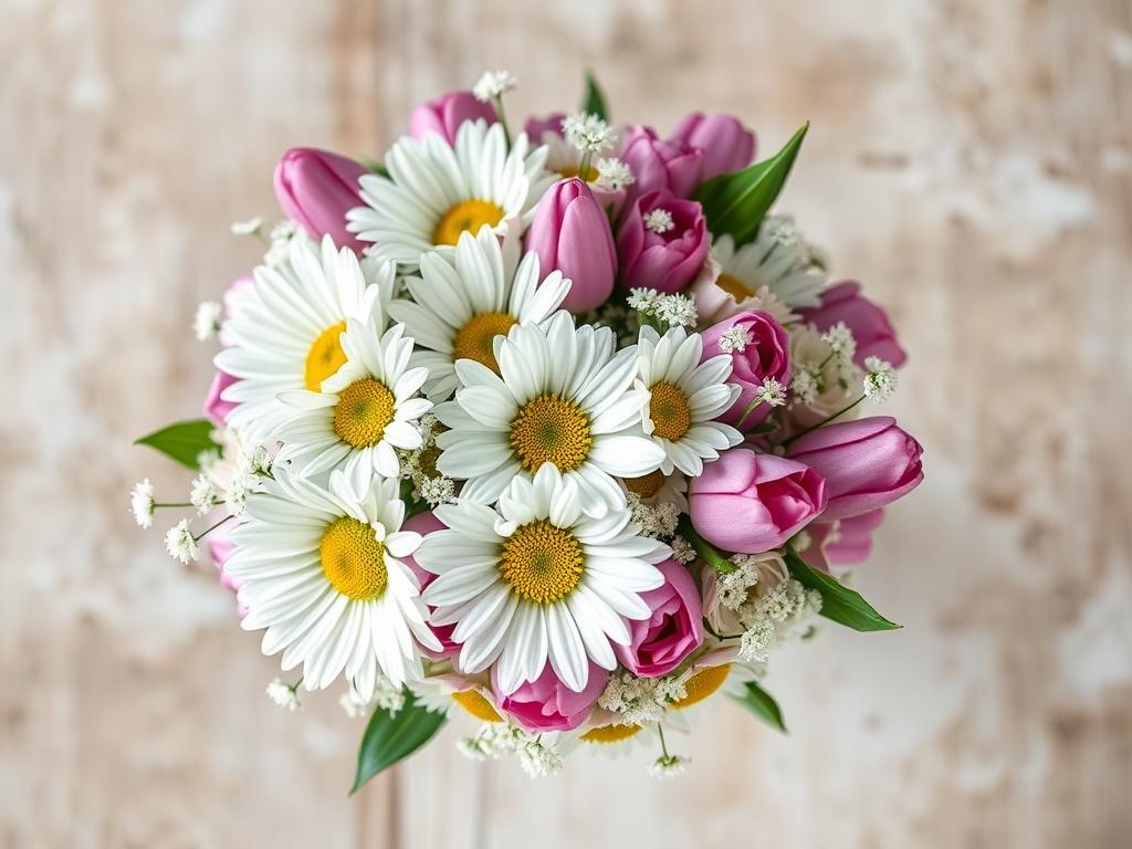 A realistic high-resolution photo of a stunning Ladies Birthday Bouquet featuring daisies, small delicate epionys, tulips, and gypsophilias in white and purple. The bouquet is arranged beautifully with a focus on the vibrant colors and textures of the flowers. The background is softly blurred to highlight the bouquet, with natural tones and earthy textures that evoke a grounded, rustic aesthetic.