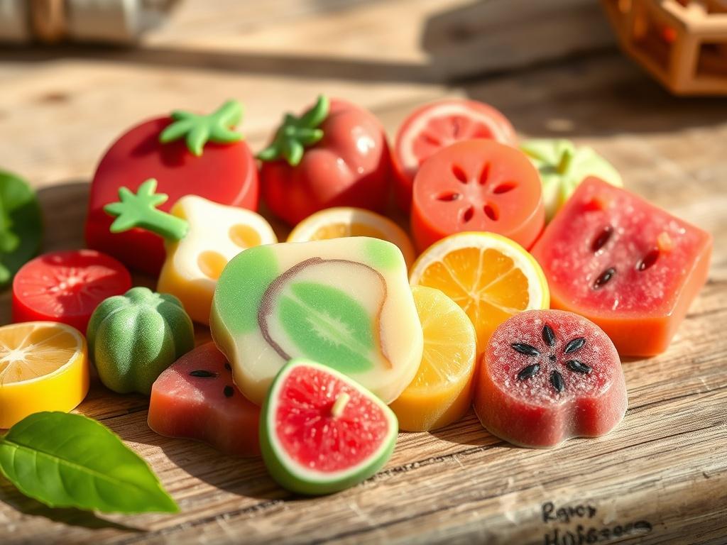 A colorful assortment of fruit fusion wax melts arranged artistically