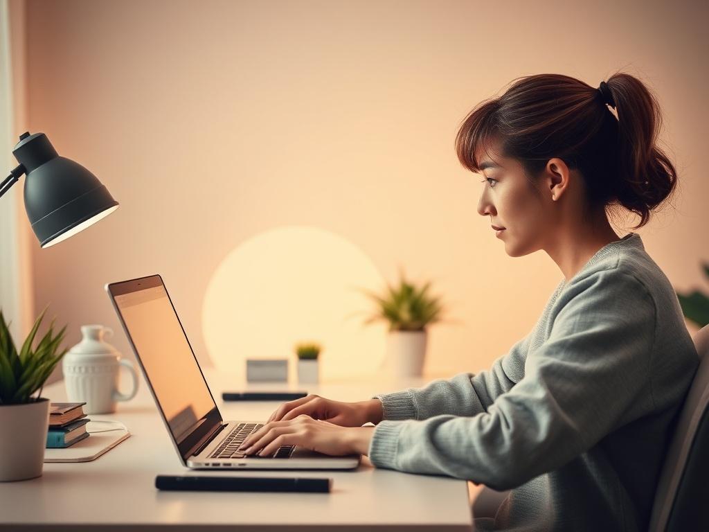 A serene workspace with a soft color palette, featuring a