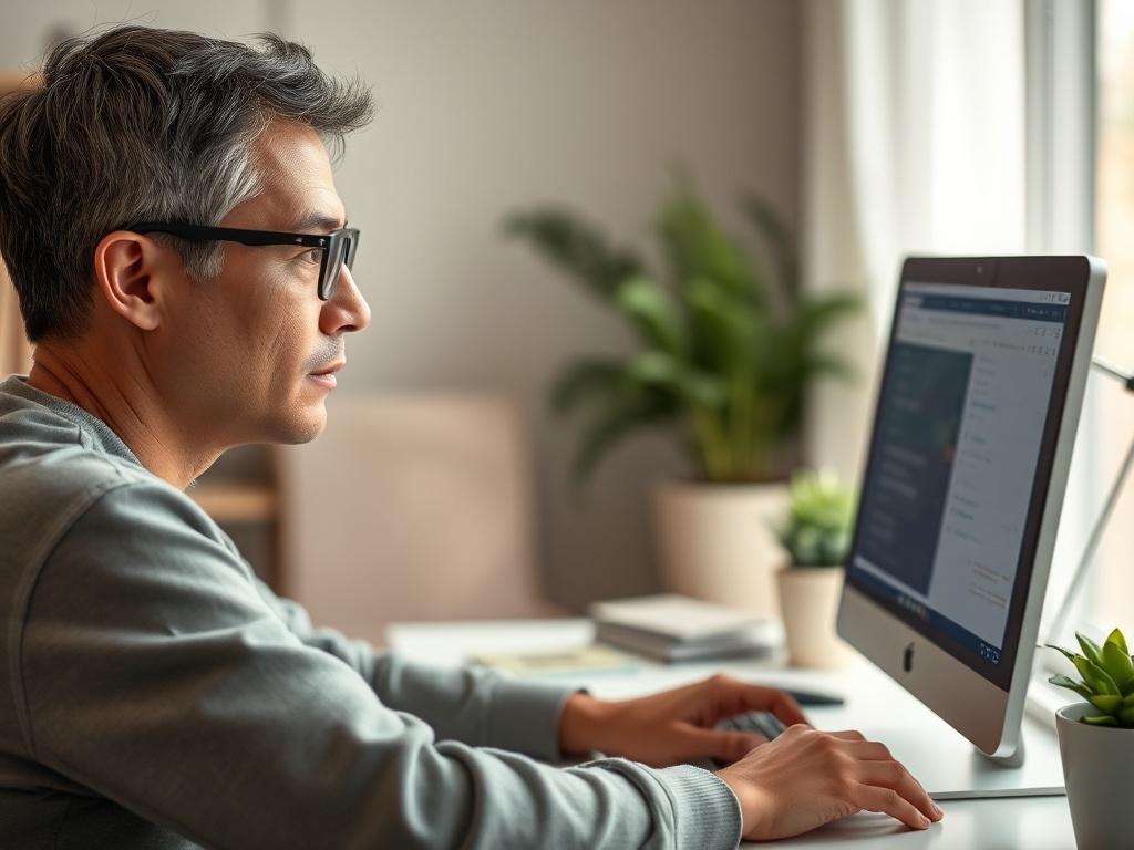 An individual calmly using a computer to access government services