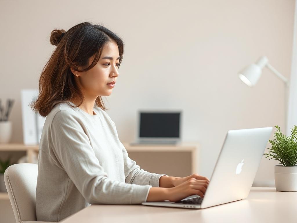 A calm and focused individual sitting at a desk, working