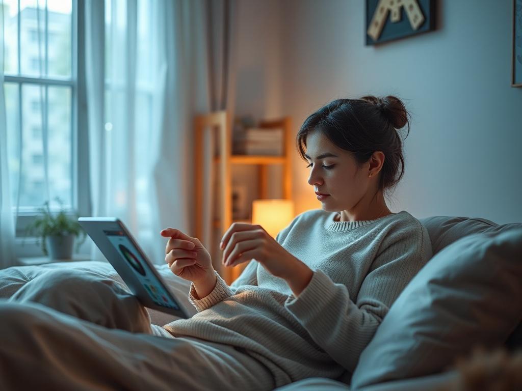 A relaxed person interacting with a tablet, exploring different apps
