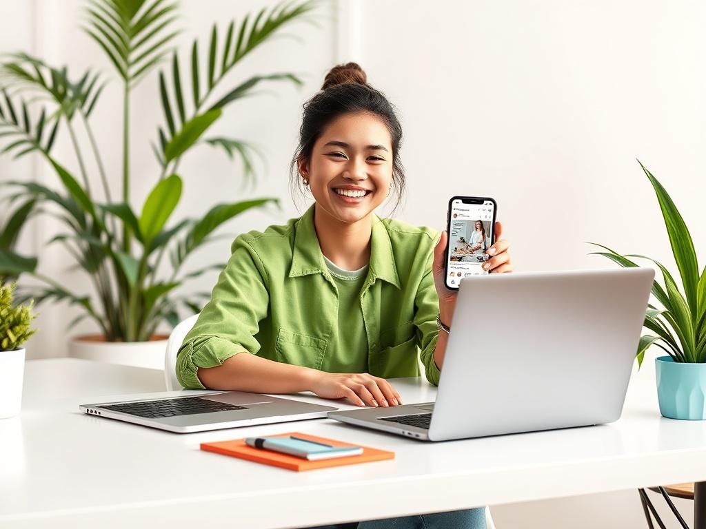 A vibrant and inviting scene featuring a young influencer sitting