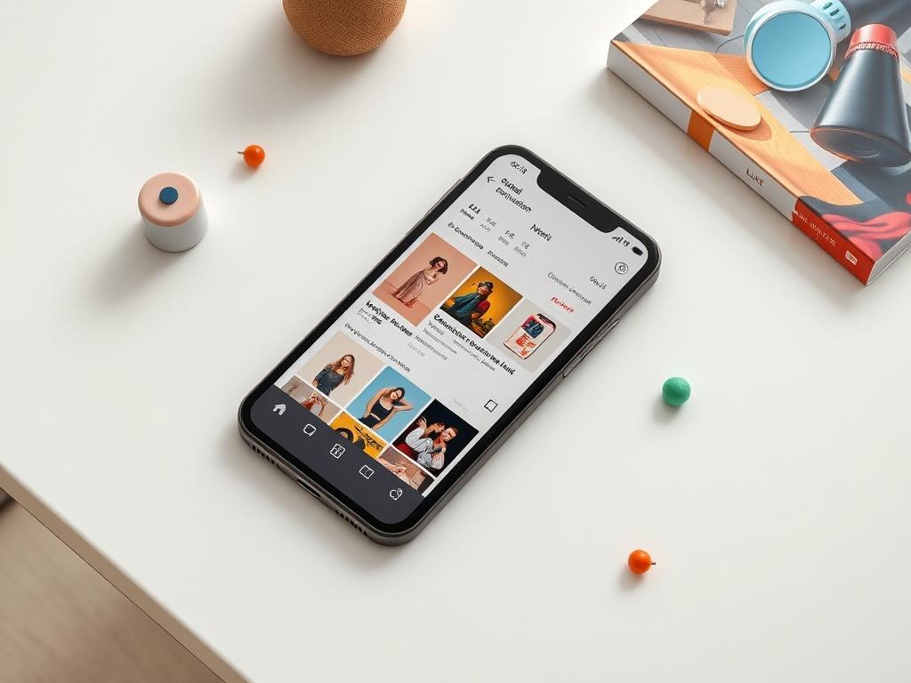 An artistic flat lay of a smartphone displaying social media