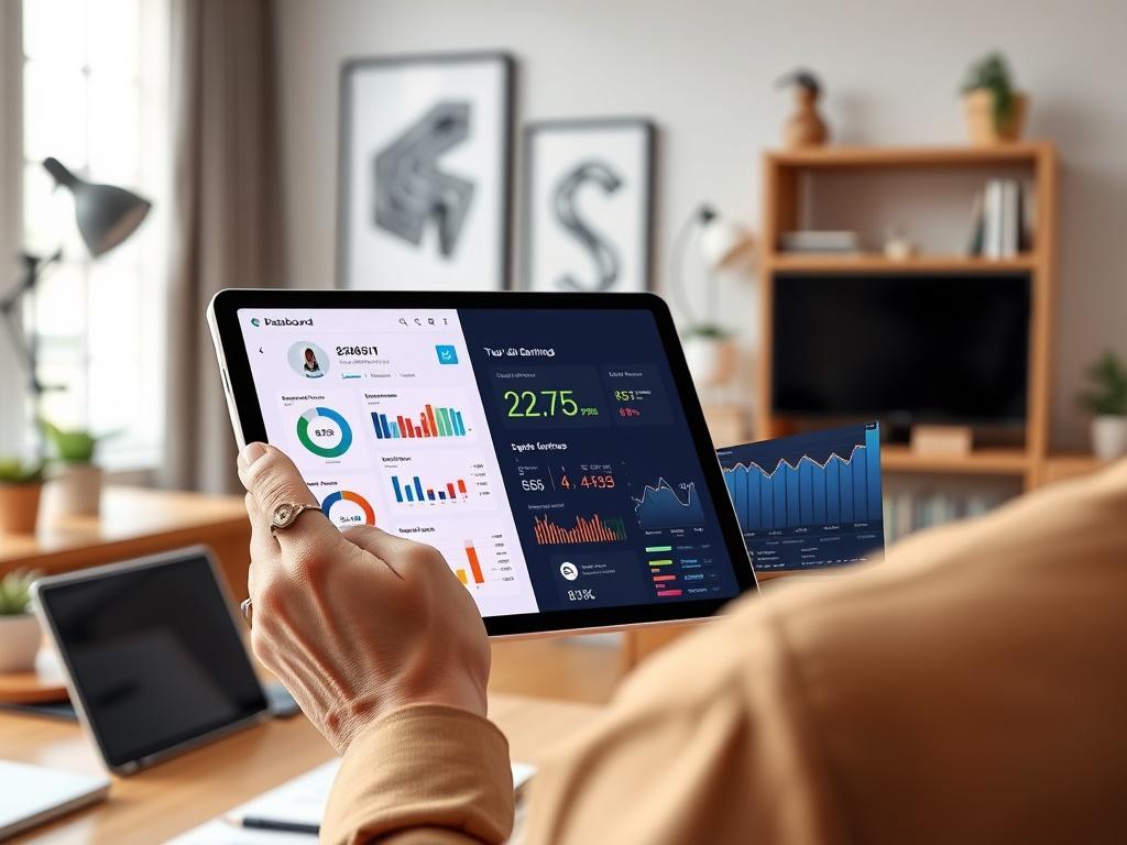 A person checking their earnings on a sleek tablet, with