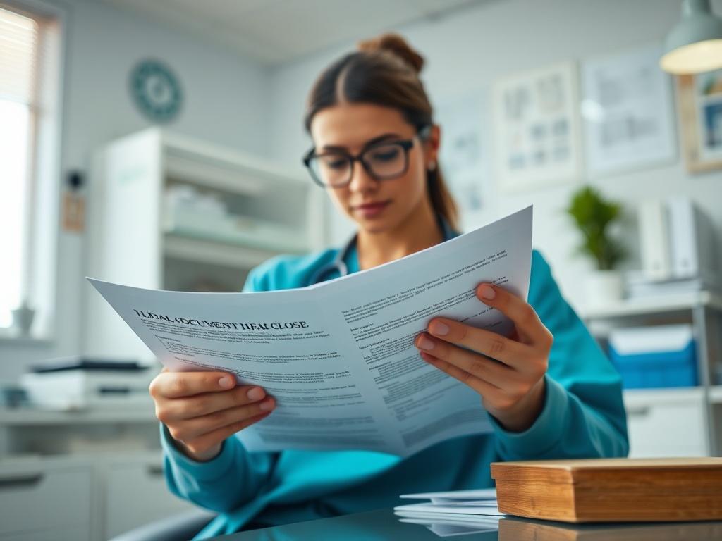 A close up shot of a healthcare professional reviewing legal