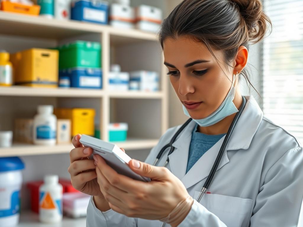 A high resolution image of a healthcare professional checking the