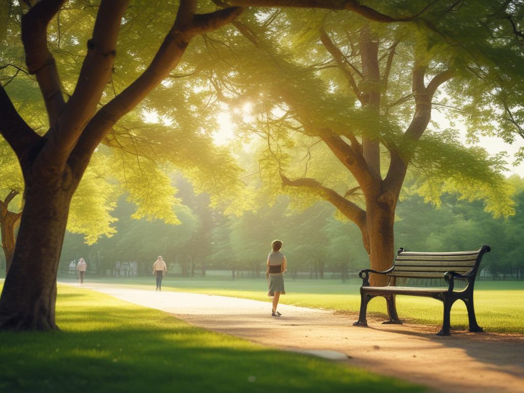 A serene outdoor scene in a park setting, featuring a