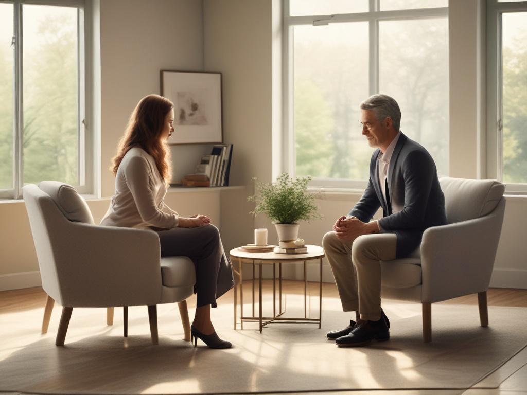 A compassionate counselor sitting with a client in a comfortable