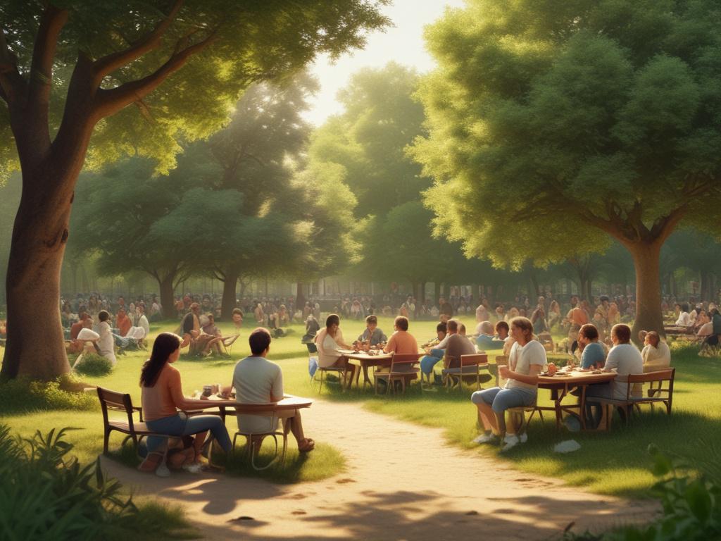 A warm community gathering in a peaceful park setting, with