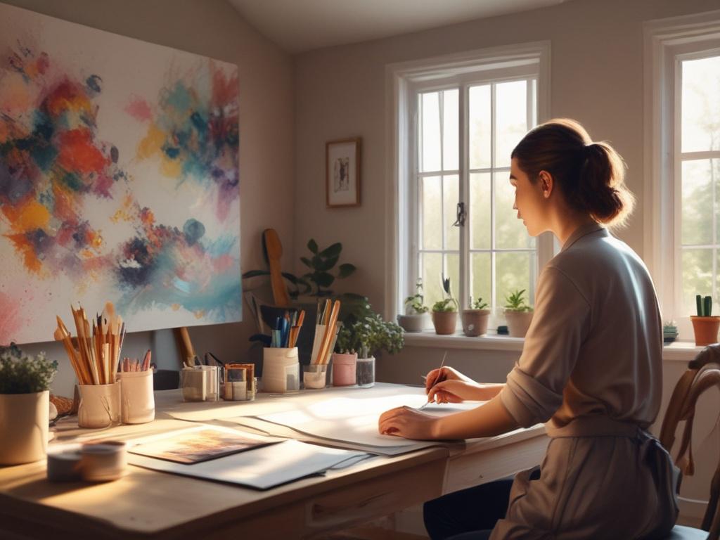 An artist in a cozy studio, painting a vibrant mural