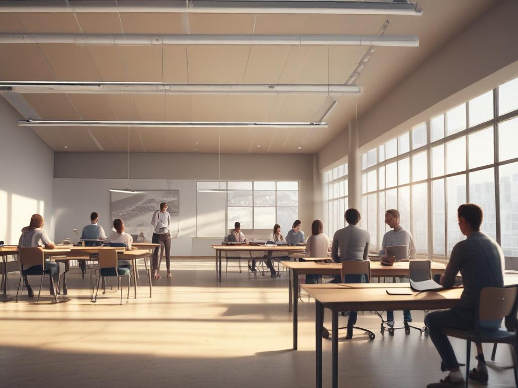 A serene classroom environment with a diverse group of adults