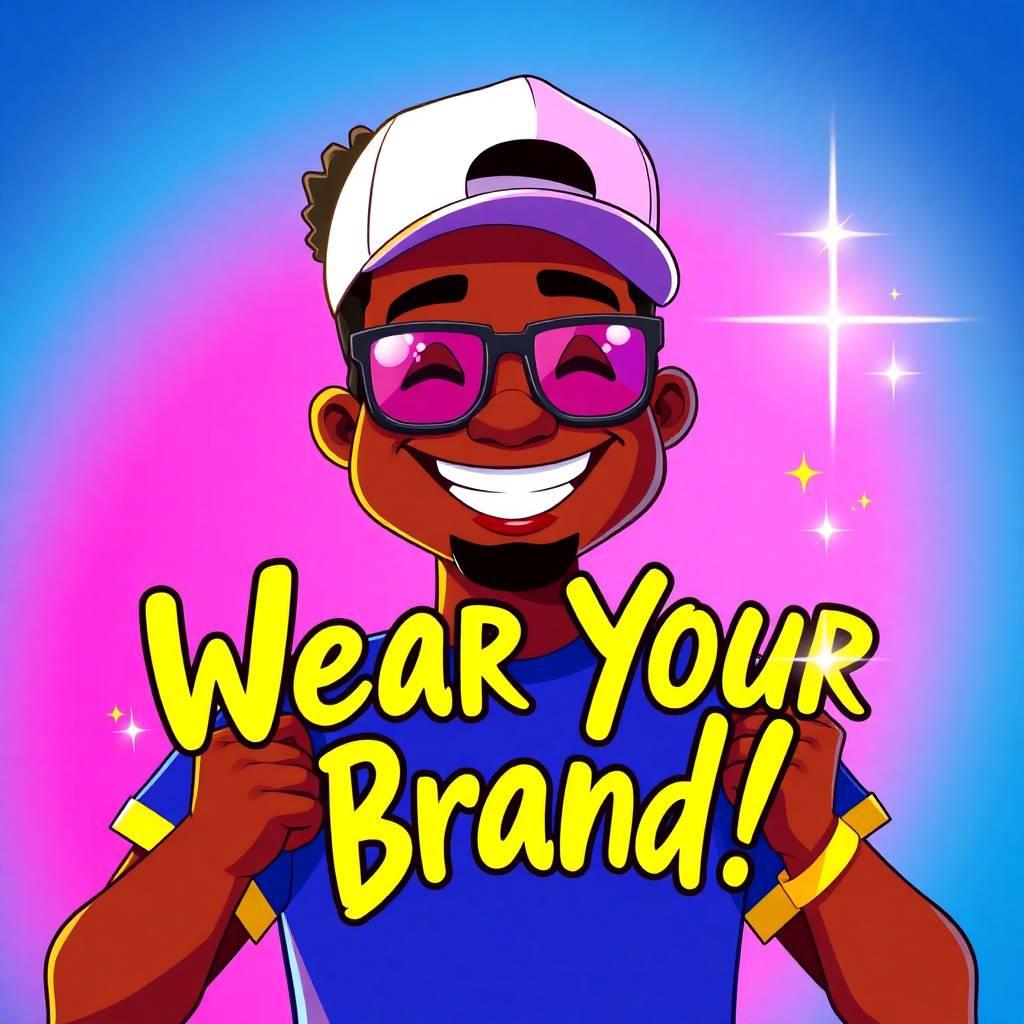 modern flat design illustration. iridescent colors, bright lens flare. larger-than-life cheerful brown-skinned black male character with oversized glasses, gigantic smile, exaggerated confidence.  he di.jpg