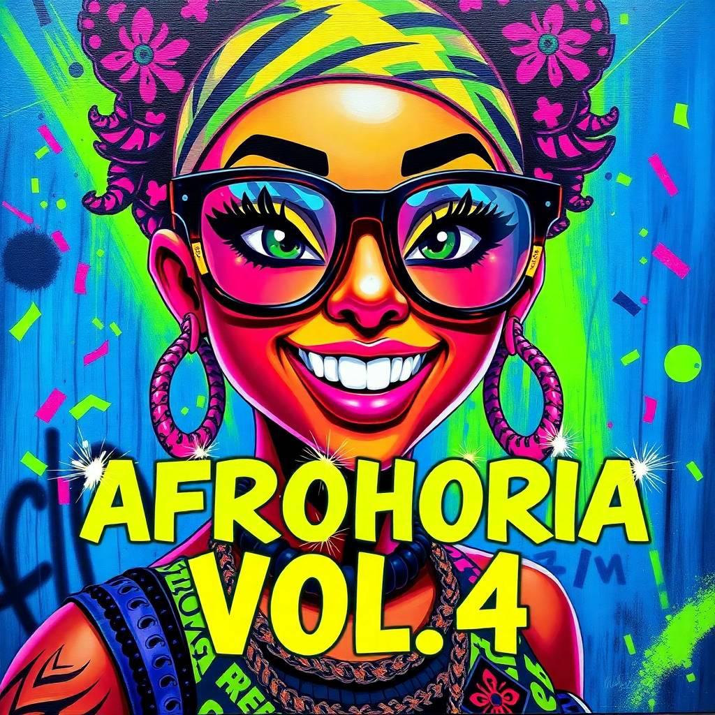bold acrylic painting showing a tight close-up of a larger-than-life animated female club character with oversized glasses, a massive glowing smile, and a confident pose, showing off branded afrophoria .jpg