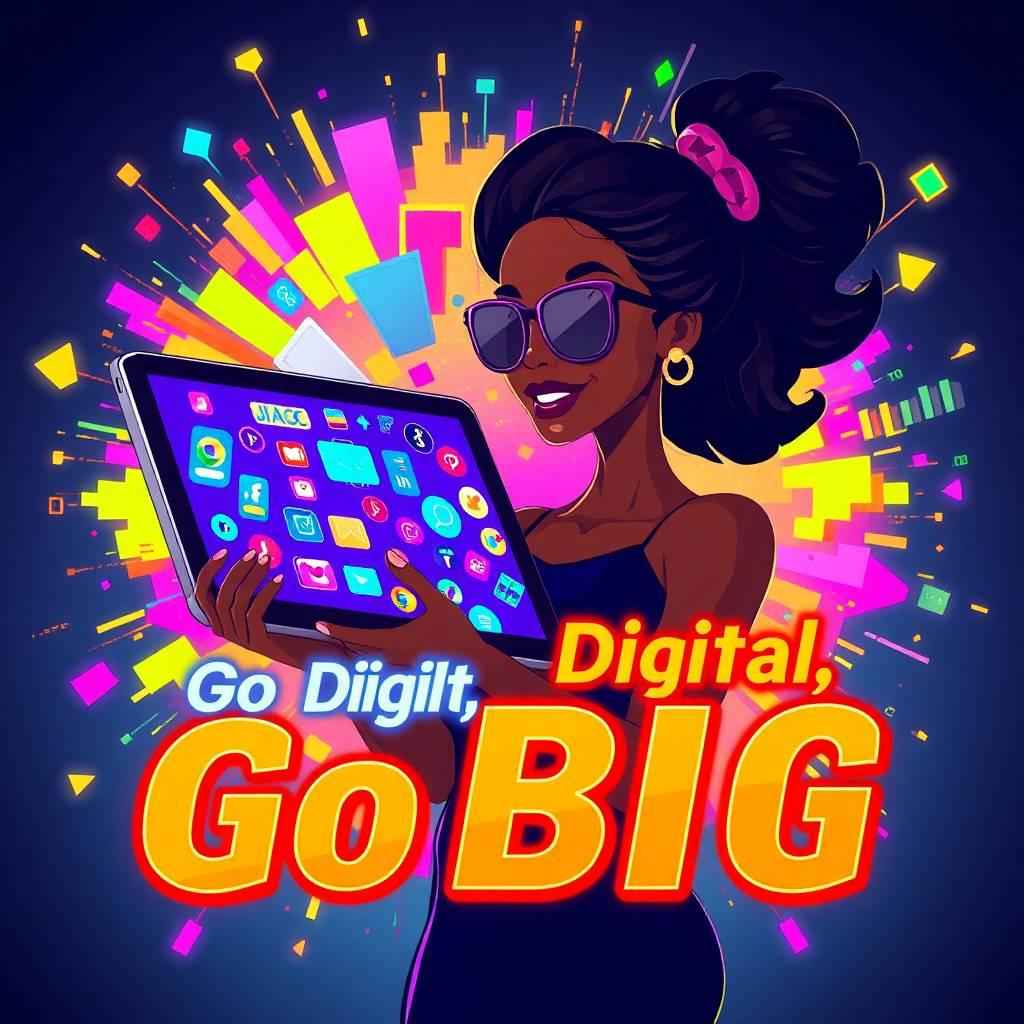 a modern flat design illustration uses bright, vibrant colors. a larger-than-life, cute, brown-skinned black female character with refined features, a graceful and elegant pose, high energy, and techy s.jpg