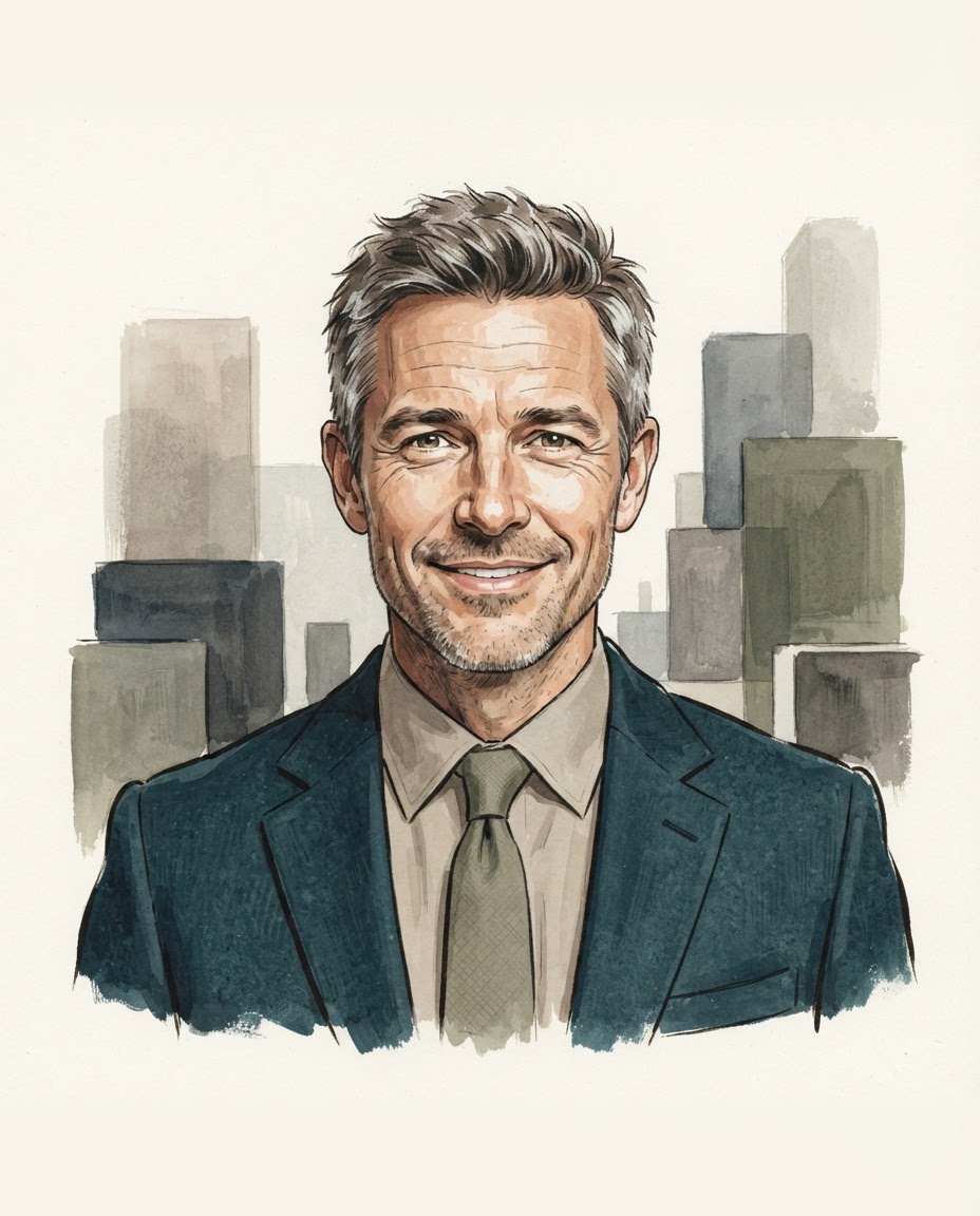 Editorial illustration portrait of Marcus Hale, a British man with short salt-and-pepper hair