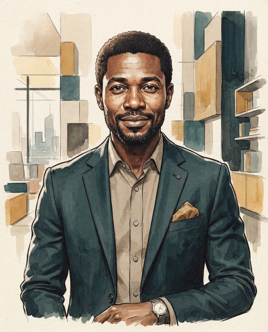 Editorial illustration portrait of Daniel Okoro, a Nigerian man with closely cropped hair