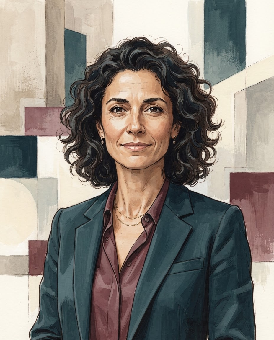 Editorial illustration portrait of Sofia Marin, an Italian woman with dark curly hair